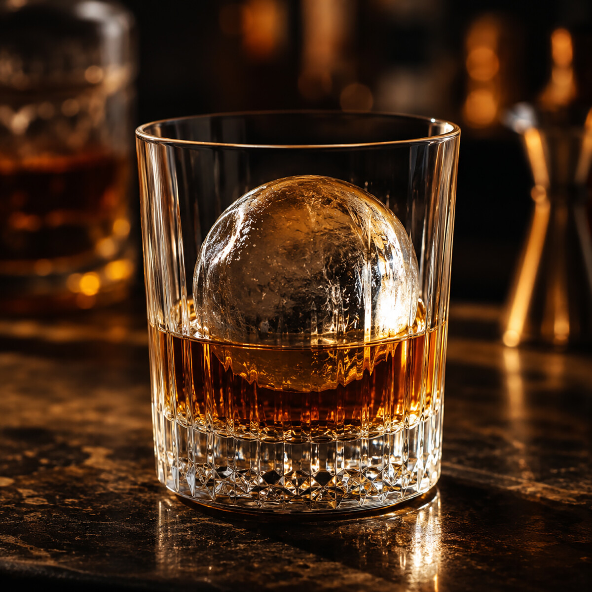 Whiskyglas mit bernsteinfarbenem Getr&auml;nk und einer gro&szlig;en klaren Eiskugel auf dunkler Bar-Theke &ndash; hochwertige Premium-Bar-Optik mit warmen Lichtreflexen und stilvoller Abendstimmung.