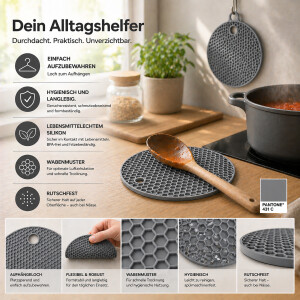 Topfuntersetzer Silikon 4er Set Grau &ndash; Hitzebest&auml;ndig &amp; Rutschfest
