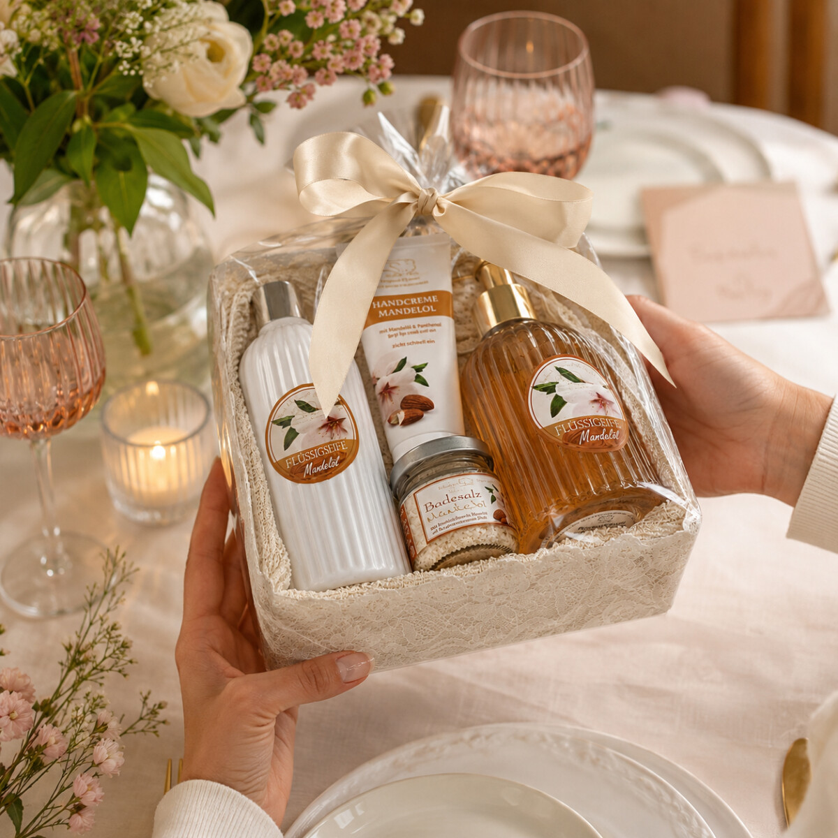 Florex Geschenkset mit biologischer Schafmilch und Mandel&ouml;l inklusive G&auml;stetuch und Pflegeprodukten im Wellness-Stil