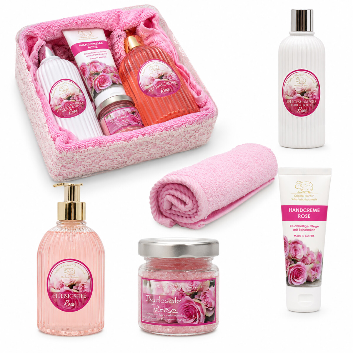 Rosa Wellness Geschenkkorb mit Rose-Pflegeprodukten und flauschigem Handtuch als dekoratives Beauty-Geschenk f&uuml;r Frauen und entspannte Verw&ouml;hnmomente