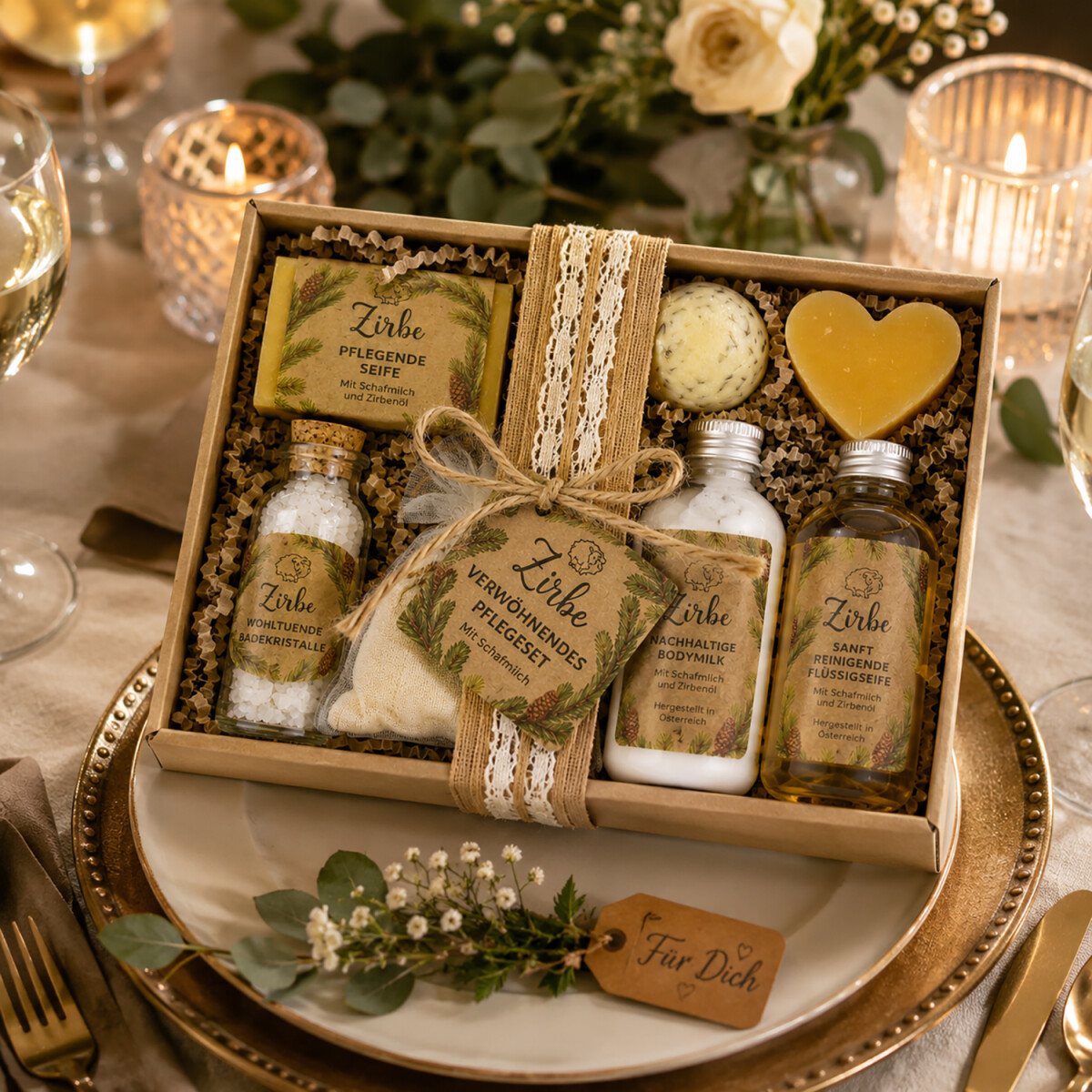 Fertig verschenktes Florex Zirbe Geschenkset auf gedecktem Tisch mit gem&uuml;tlicher Wohlf&uuml;hlatmosph&auml;re