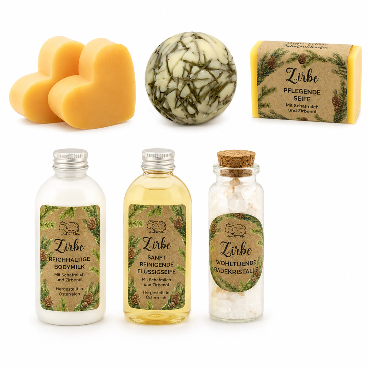 Hochwertiges Wellness Geschenkset mit Zirbenduft, Bodymilk, Seife und Badekristallen von Florex im Detail