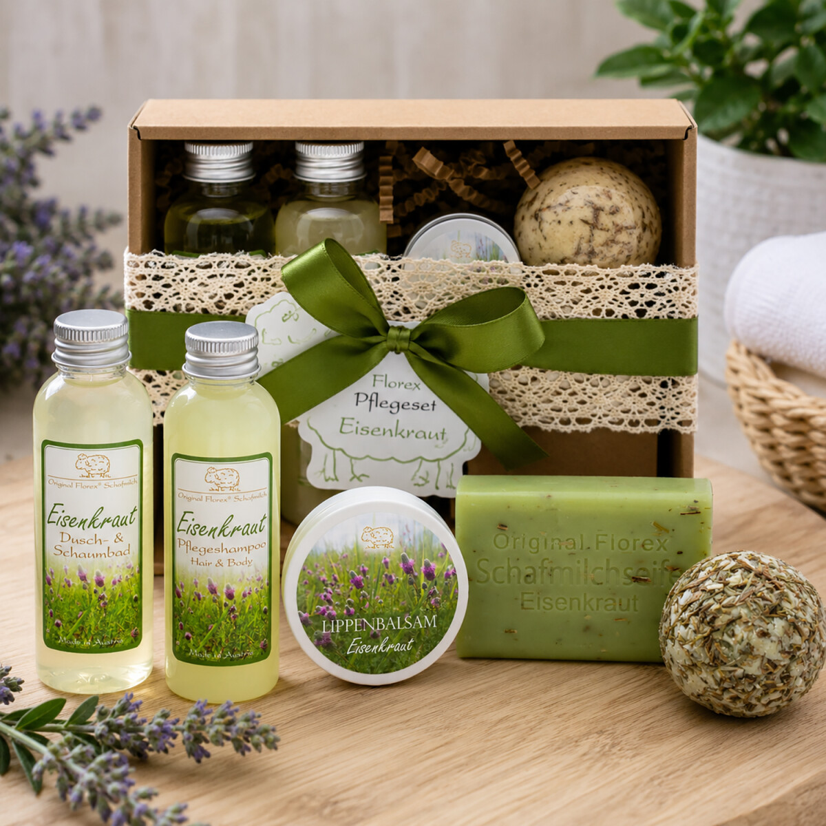 Nat&uuml;rliches Florex Pflegeset Eisenkraut mit Duschbad, Lippenbalsam, Schafmilchseife und Badekugel in hochwertiger Geschenkverpackung