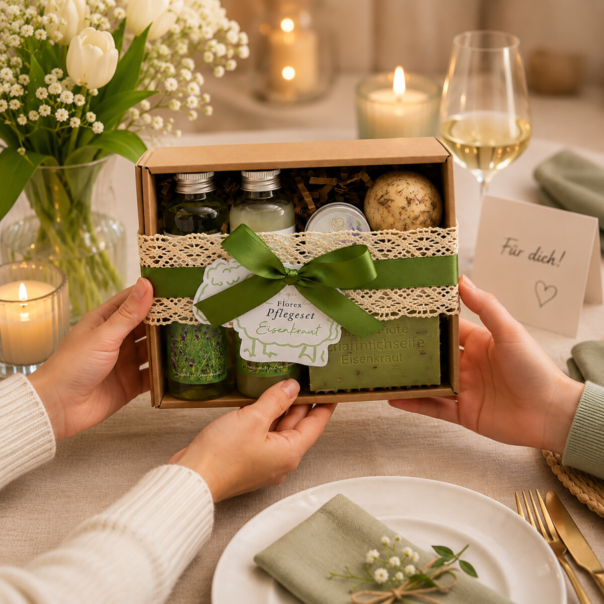 Liebevoll &uuml;berreichtes Florex Geschenkset Eisenkraut auf festlich gedecktem Tisch mit Kerzenlicht, nat&uuml;rlichen Wellnessprodukten und dekorativer Geschenkverpackung in gem&uuml;tlicher Atmosph&auml;re