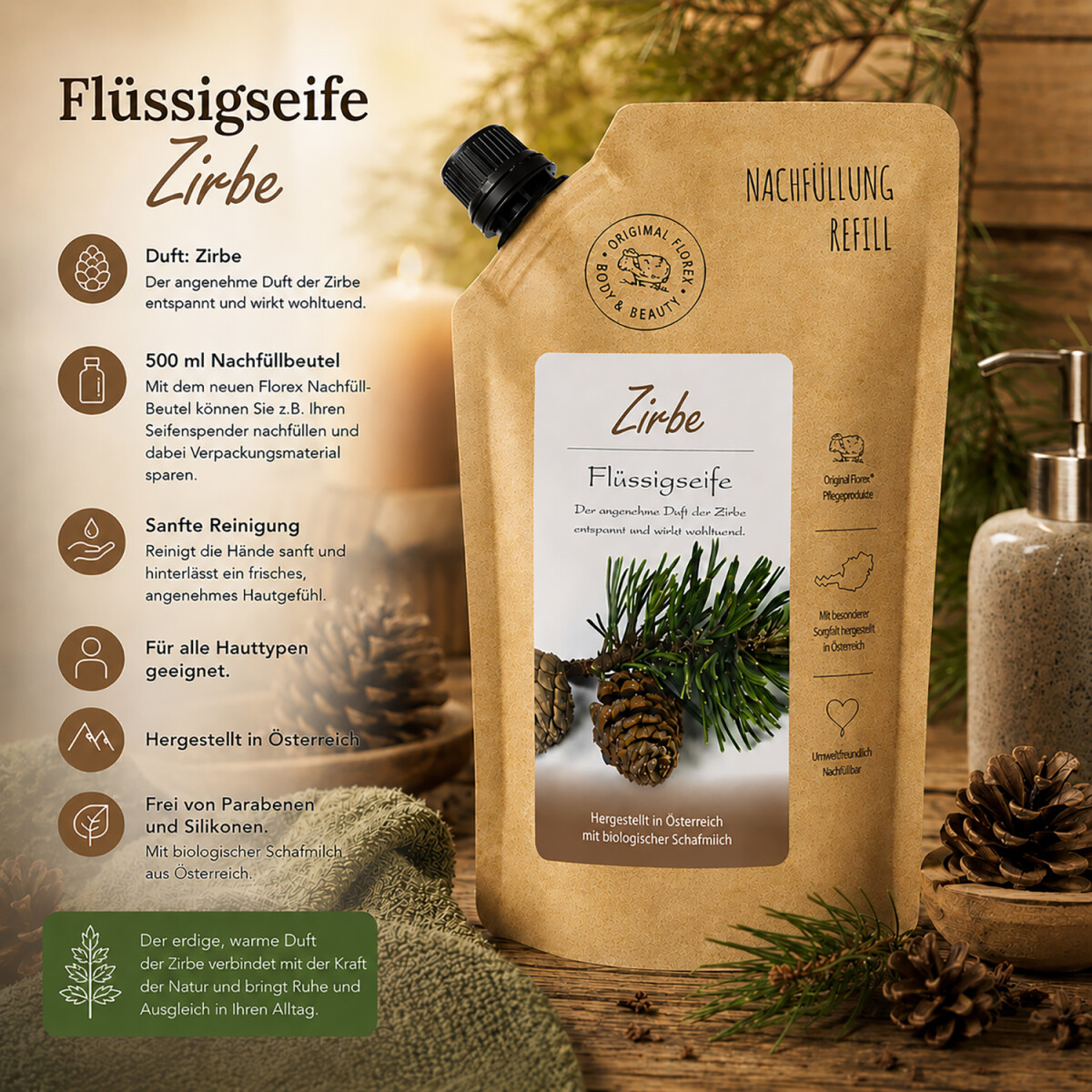 Fl&uuml;ssigseife im Nachf&uuml;ll-Beutel Duft Zirbe