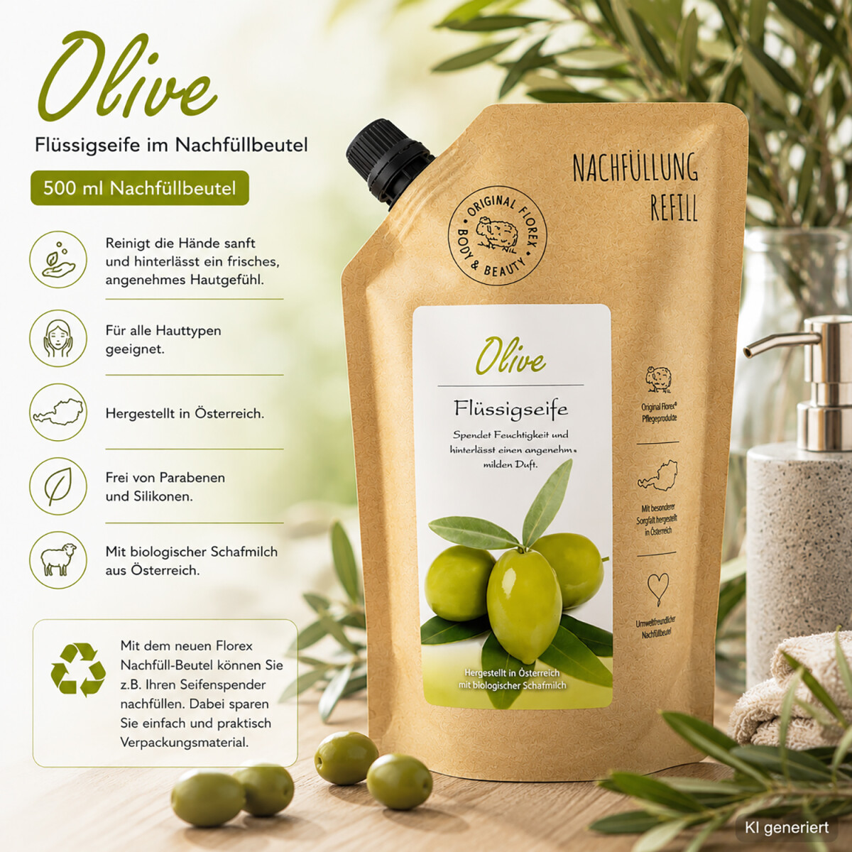 Florex Olive Fl&uuml;ssigseife Nachf&uuml;llbeutel 500 ml