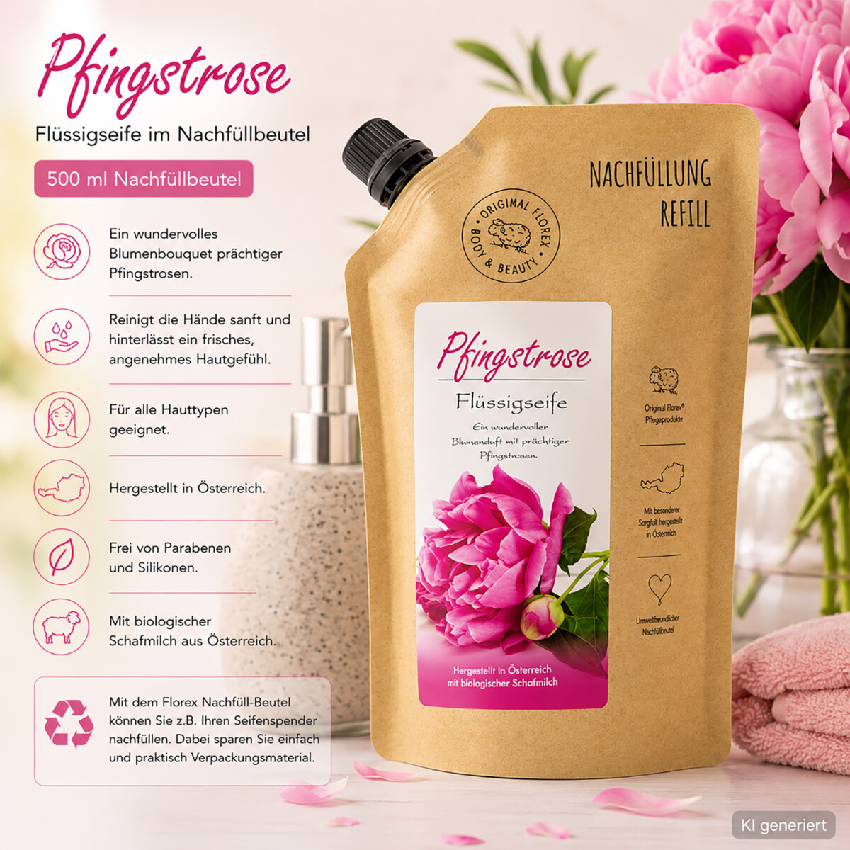 Florex Pfingstrose Fl&uuml;ssigseife Nachf&uuml;llbeutel 500 ml