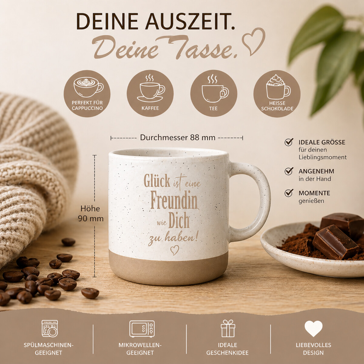 Steingut Tasse Gl&uuml;ck ist eine Freundin 360 ml