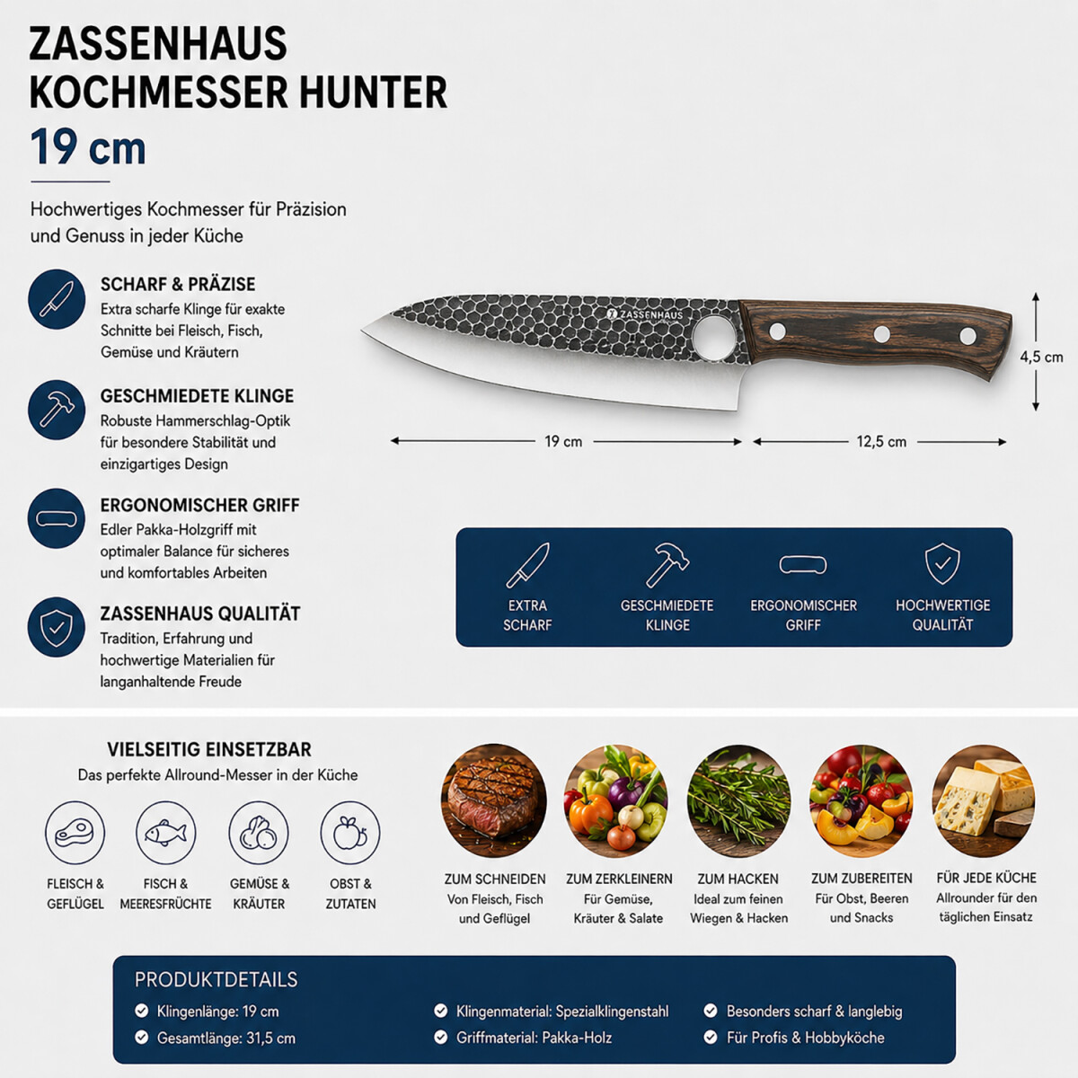 Zassenhaus Kochmesser HUNTER 19 cm mit Holzgriff