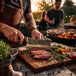 Emotionales BBQ-Lifestylebild mit Zassenhaus Cleaver Messer, Holzbrett, Steak und gl&uuml;hendem Grill im Hintergrund
