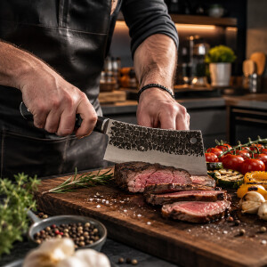Premium BBQ-Szene mit Zassenhaus Cleaver 17 cm beim Schneiden von gegrilltem Steak und Grillgem&uuml;se