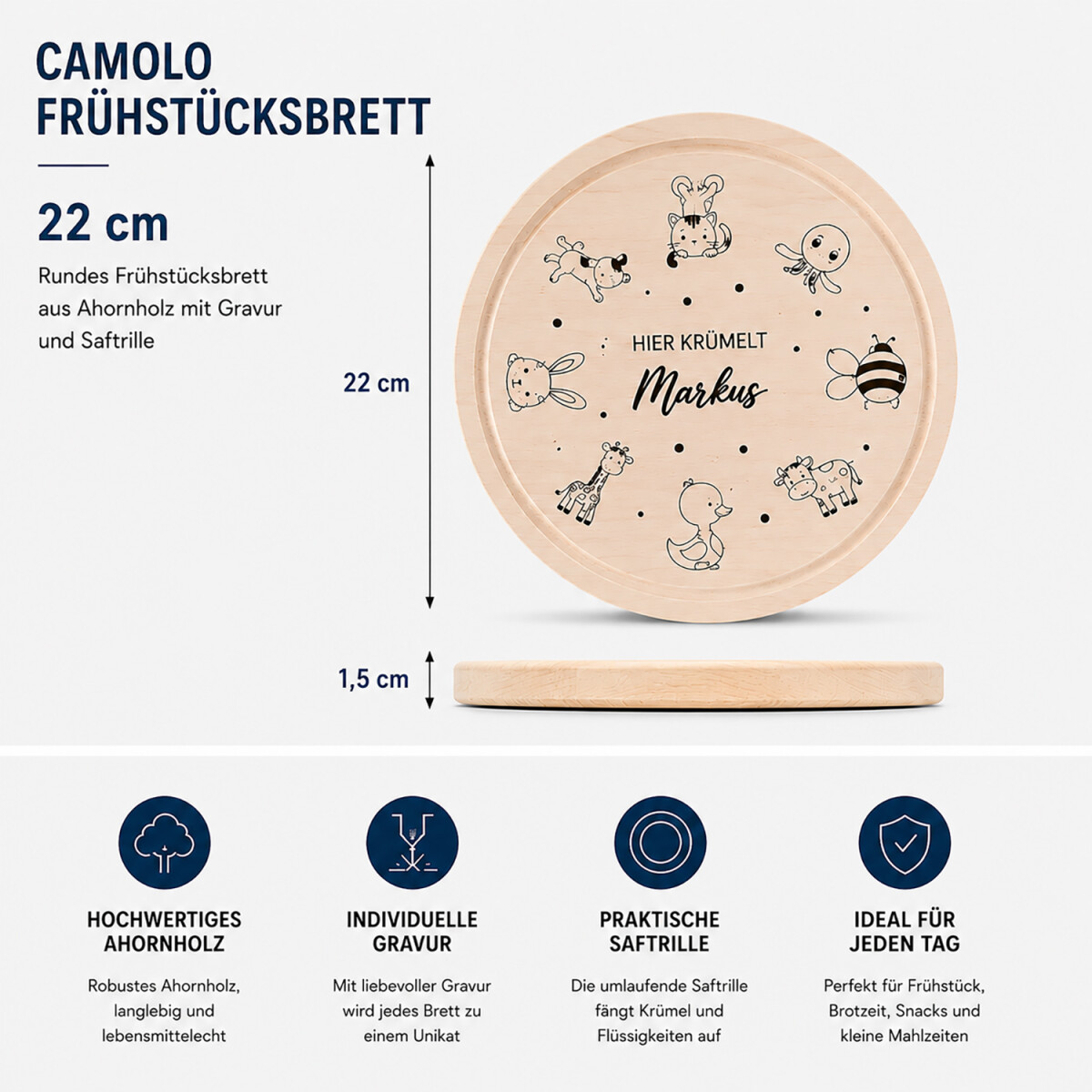 Rundes Schneidebrett f&uuml;r Kinder Ahorn 22 cm Hier kr&uuml;melt - personalisiert