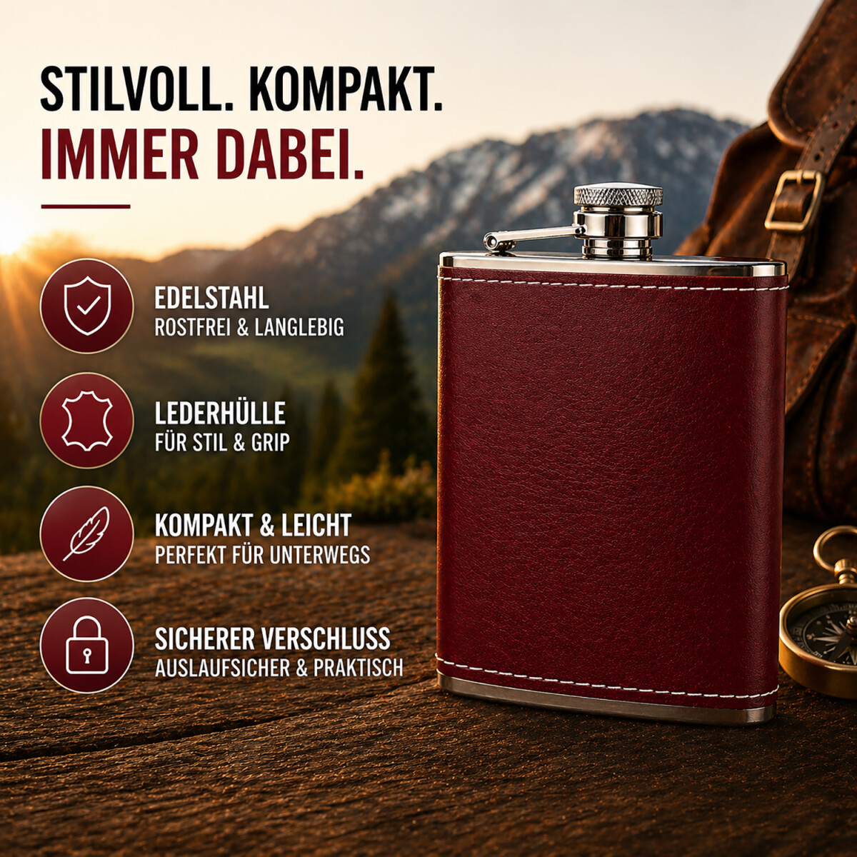 Flachmann mit Lederh&uuml;lle Set mit Becher und Trichter ca. 170  ml