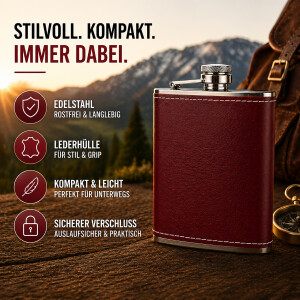 Flachmann mit Lederh&uuml;lle Set mit Becher und Trichter ca. 170  ml