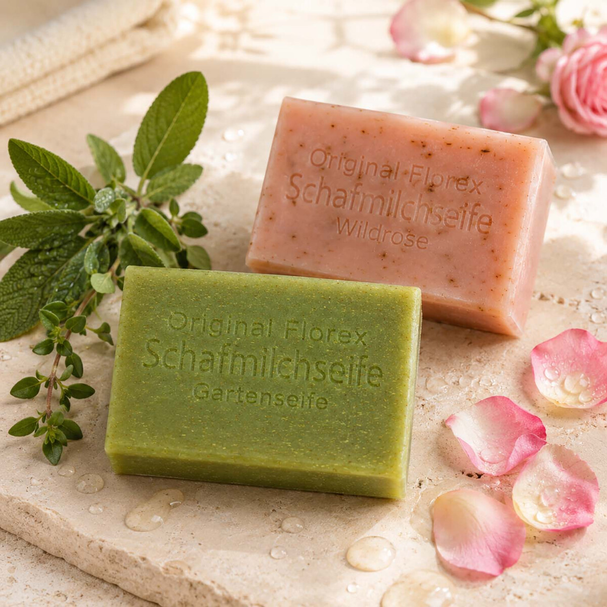 Florex Schafmilchseifen-Geschenkset Gartenseife &amp; Wildrose mit Bl&uuml;ten 2 x 100 g