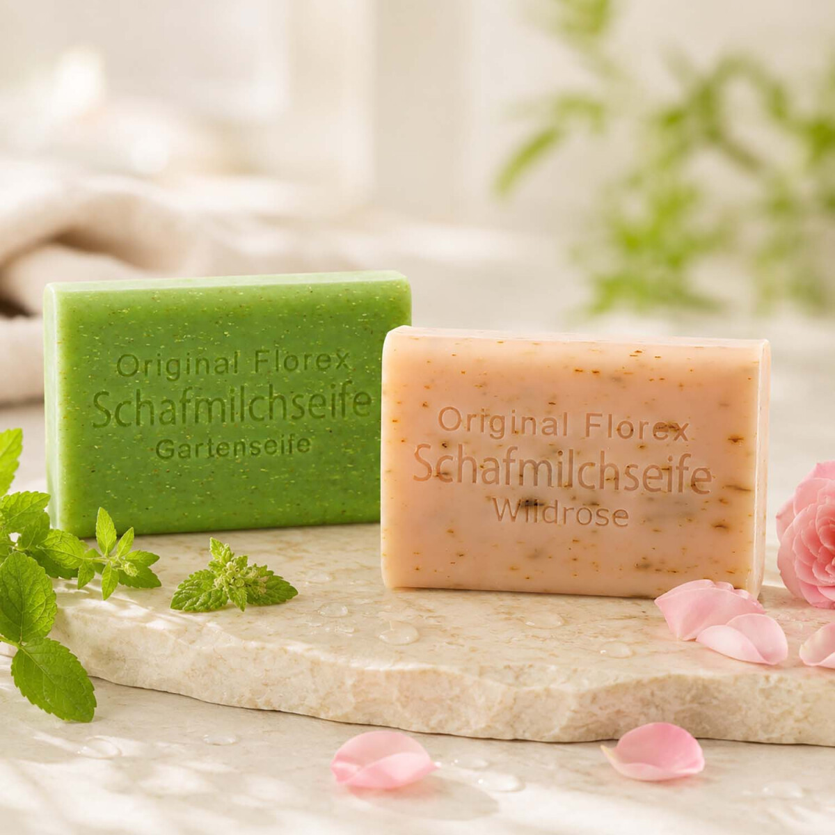 Florex Schafmilchseifen-Geschenkset Gartenseife &amp; Wildrose mit Bl&uuml;ten 2 x 100 g