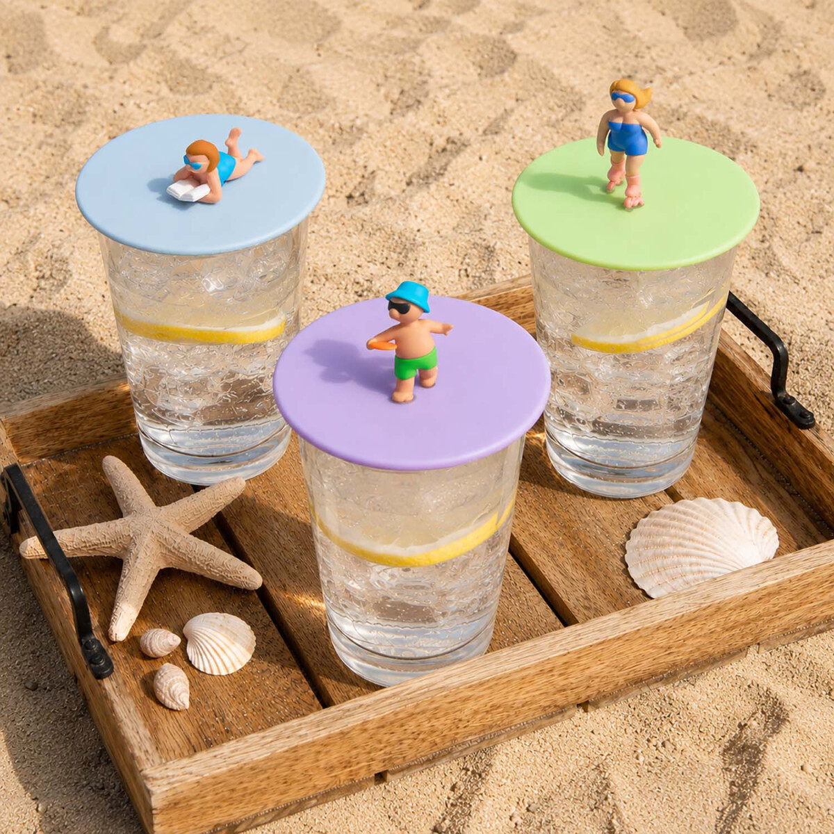 3er Set Glasdeckel Freizeit-Mix aus Silikon &ndash; Berta Buch, Finn Frisbee &amp; Issy Inliner