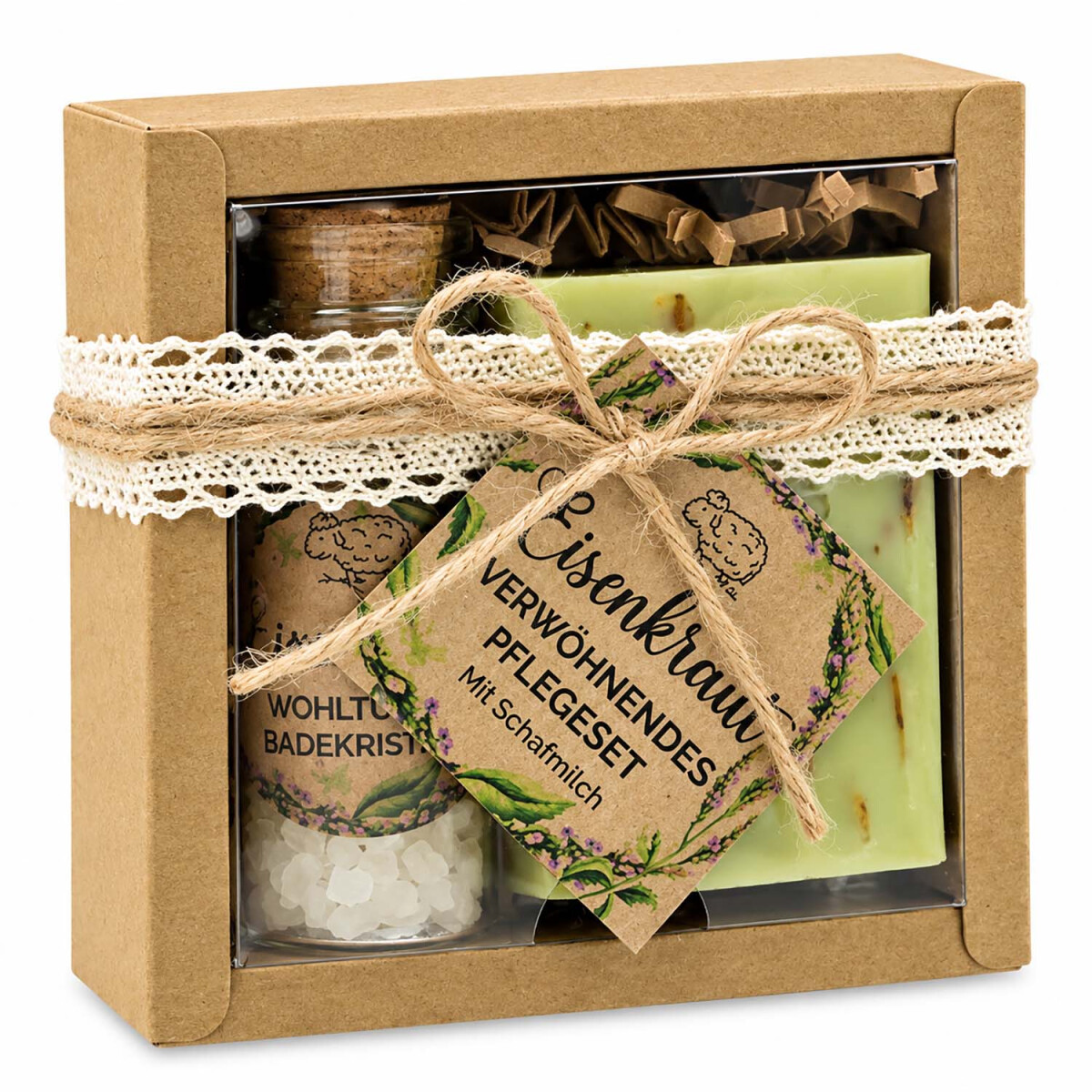 Liebevoll verpacktes Wellness Geschenkset mit Eisenkraut Duft, Badeprodukten und Schafmilchseife als Geschenkidee f&uuml;r besondere Anl&auml;sse