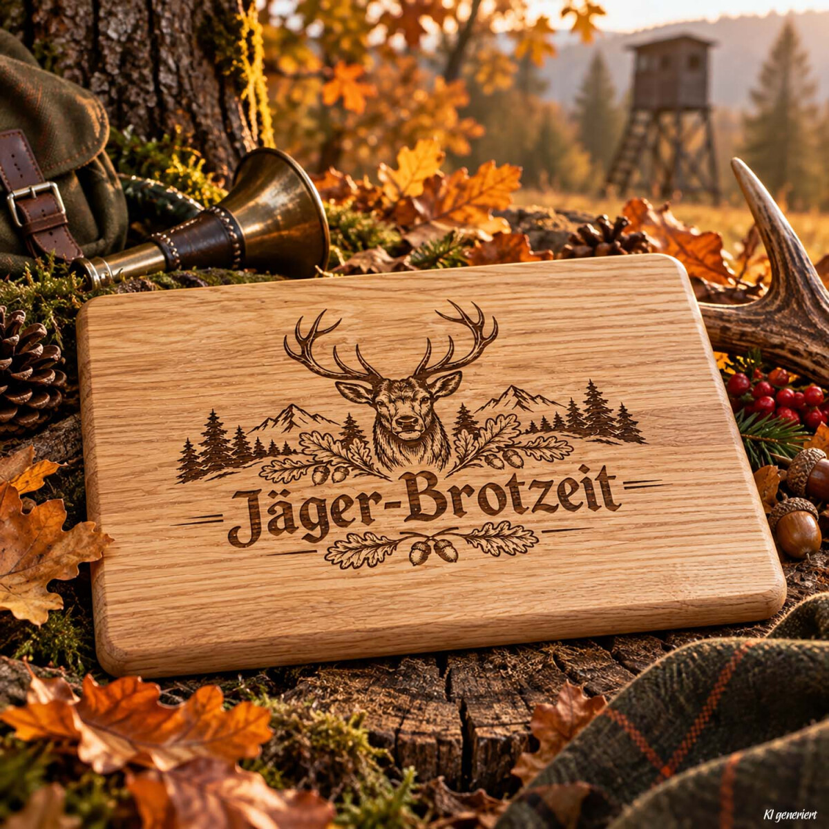J&auml;ger-Brotzeit Vesperbrett aus Eiche mit Hirsch Gravur 30 x 20 cm