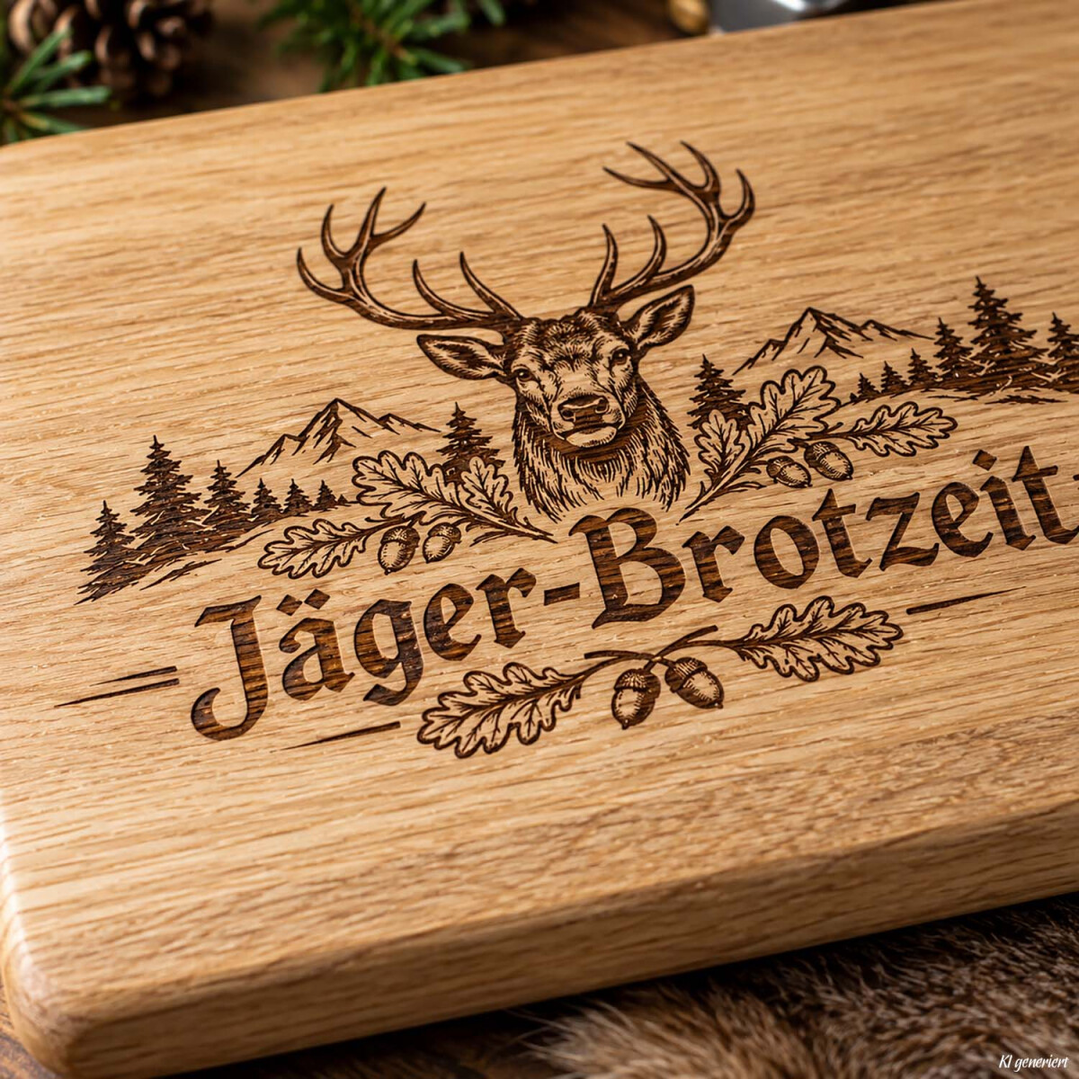 J&auml;ger-Brotzeit Vesperbrett aus Eiche mit Hirsch Gravur 30 x 20 cm