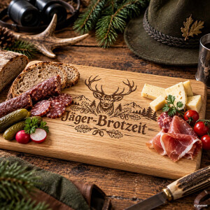 J&auml;ger-Brotzeit Vesperbrett aus Eiche mit Hirsch Gravur 30 x 20 cm
