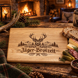 J&auml;ger-Brotzeit Vesperbrett aus Eiche mit Hirsch Gravur 30 x 20 cm