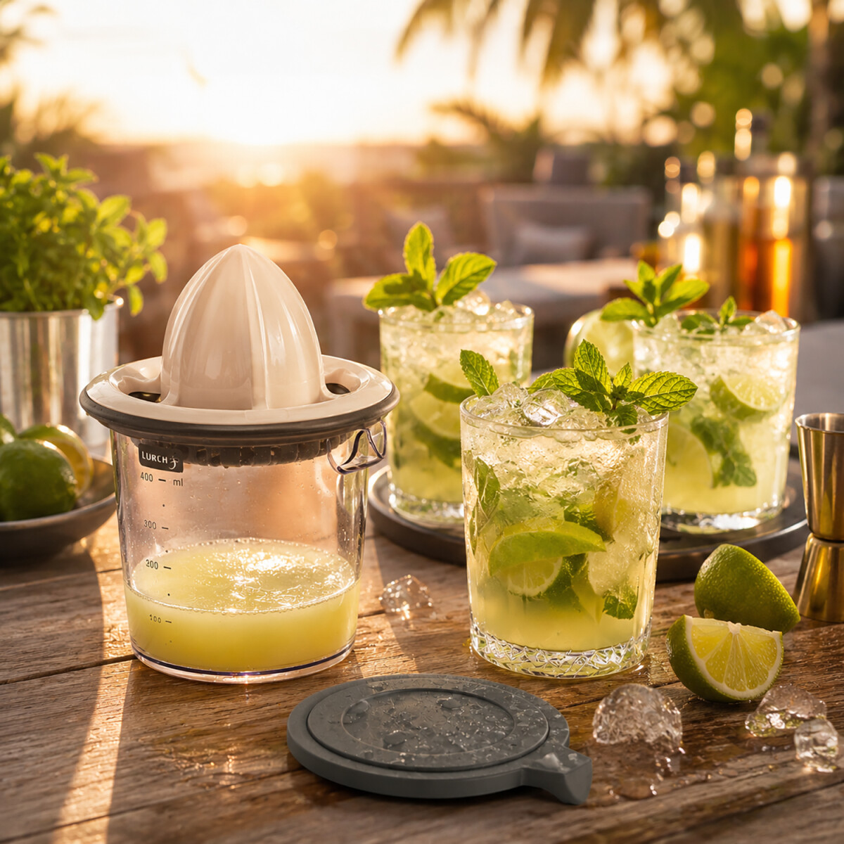 Sommerlicher Cocktailabend mit originaler LURCH Zitruspresse, Mojitos, Limetten und Eisw&uuml;rfeln auf Terrasse