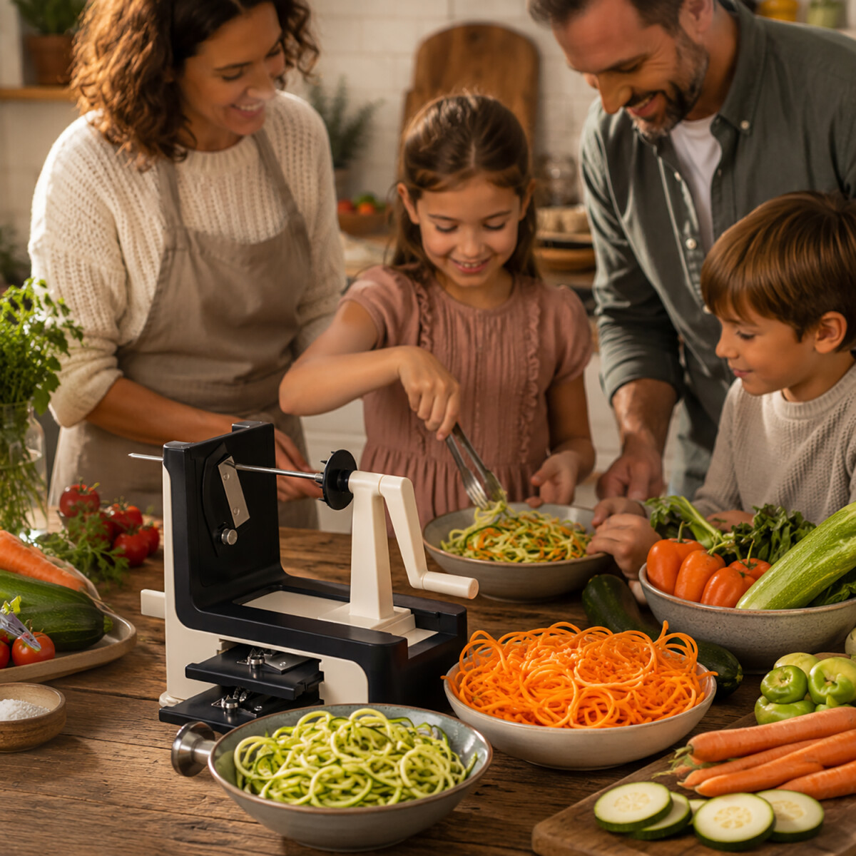 Familienk&uuml;che mit bunten Gem&uuml;sespaghetti aus Karotten und Zucchini neben originalem LURCH Spiralschneider