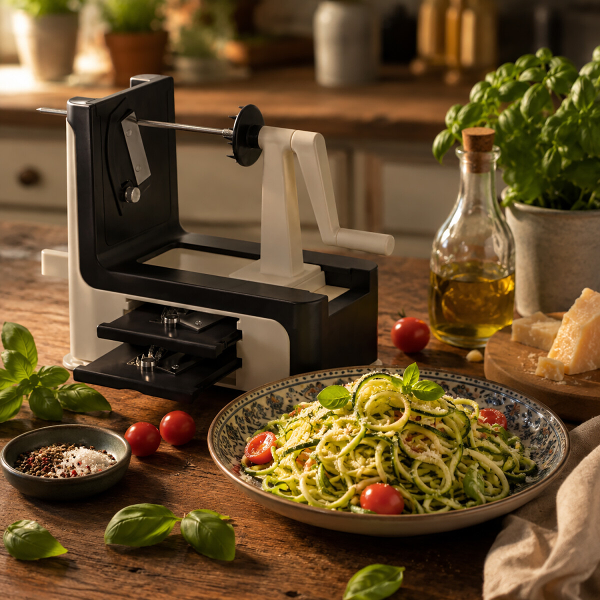 Frische Zoodles und mediterrane Zutaten mit originalem LURCH Spiralschneider im nat&uuml;rlichen Abendlicht