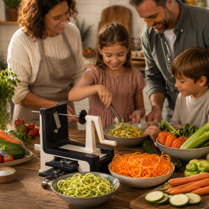 Familienküche mit bunten Gemüsespaghetti aus...