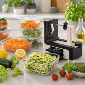 Authentische K&uuml;chenfotografie mit frischen Zucchini-Spiralen und originalem Spiralschneider von LURCH