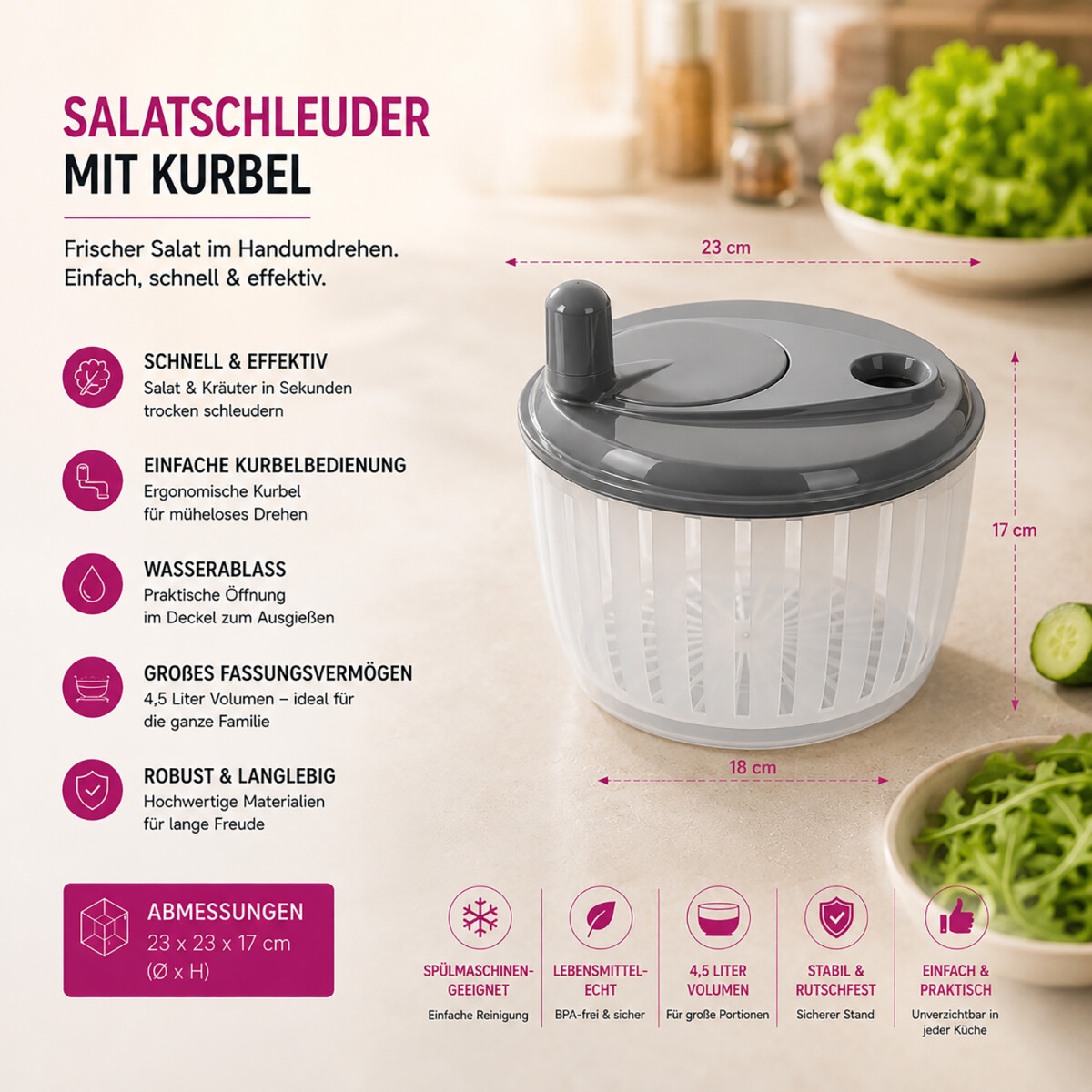 Infografik der LURCH Salatschleuder mit Kurbel in steingrau inklusive Produktma&szlig;en, Funktionen und Vorteilen in moderner K&uuml;chenumgebung